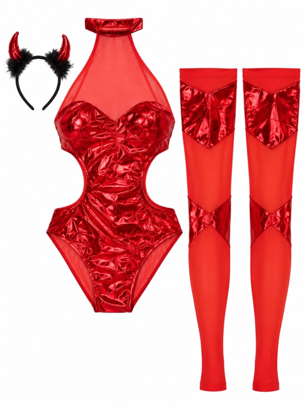 NWOT - Women’s Red Metallic Cutout Bodysuit & Stockings Set - Sexy Devil Costume